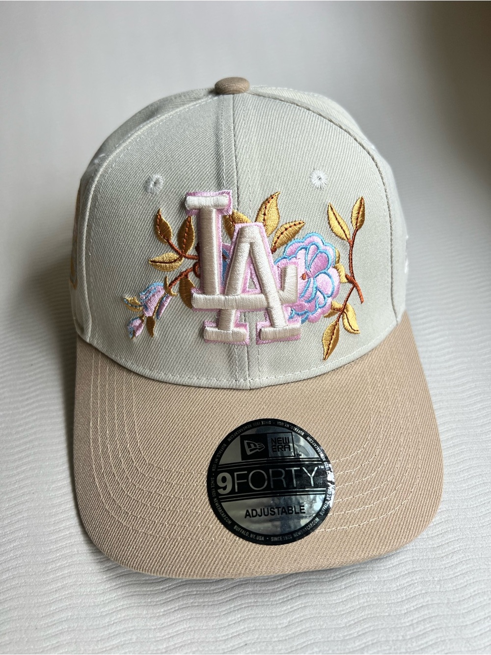 New Era LA Floral Embroidered Cream and Tan Baseball Cap